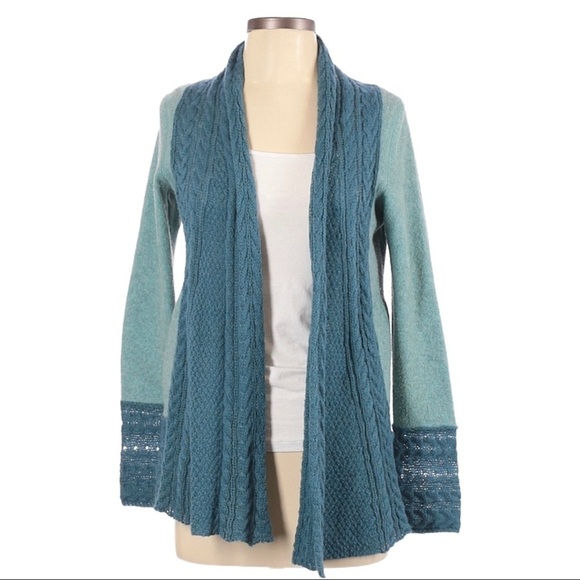Anthropologie Knitted & Knotted Teal Cable Knit Cardigan XS Wool Mohair Open - Picture 1 of 13